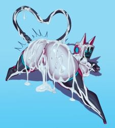 :3 absurd_res anus ass ass_up big_breasts big_butt biped bodily_fluids breasts cum cum_covered female for_a_head genital_fluids genitals glistening glistening_body grey_body hi_res humanoid machine messy object_head robot saidra simple_background tail thick_thighs vulva