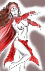 auburn_hair bare_legs barefoot belly_button big_breasts black_and_white black_and_white_and_red breasts breasts_out dancing feet female gypsy headband hourglass_figure legs marvel marvel_comics navel one_color pink_nipples pookie red_clothing romani scarlet_witch waist wanda_maximoff white_skin