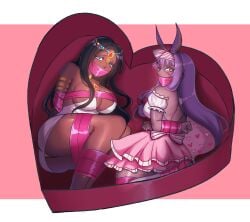 2girls animal_ears arms_tied arms_tied_behind_back ass black_hair blue_eyes bondage breasts clothed clothed_female cocktail_dress commission commission_art commissioner_upload dark-skinned_female dark_skin dress duct_tape duct_tape_gag facial_markings fate/grand_order fate_(series) frilly_clothing gag gagged gagged_female hair_ribbon heart heart-shaped_box huge_ass huge_breasts jackal_ears jewelry long_hair looking_at_viewer nitocris_(fate) nitocris_(fate/grand_order) panties purple_eyes purple_hair scheherazade_(fate) skirt tagaen810 tagme tape tape_bondage tape_gag thick_thighs thighs valentine's_day