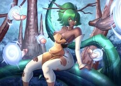 amalia breasts breasts_out dark-skinned_female dark-skinned_male ebony ebony_female forest forest_background forest_sex gangbang green_eyes green_hair group plant portal portal_sex ripped_clothing ripped_pants step_brother wakfu white_dick