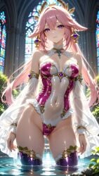 ai_generated genshin_impact pink_hair purple_eyes standing_in_water xxx_vrouw yae_miko yae_miko_(genshin_impact)