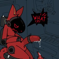 angry anthro big_penis bodily_fluids chair computer_keyboard desk electronics furniture genital_fluids genitals hi_res huge_cock machine male monitor on_chair penile penis poster precum protogen red_body sex_toy silly_imp sitting sitting_on_chair solo table text vibrator vibrator_on_penis wire