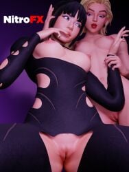 3d 3d_(artwork) beauty_mark big_breasts biting_finger black_hair black_hair_female blackpink blonde_female blonde_hair blonde_hair_female breasts breasts_out cat_holloway_(fortnite) clothed clothed_female clothing completely_nude completely_nude_female fortnite functionally_nude functionally_nude_female holding_wrists lalisa_manoban lisa lisa_(blackpink) lisa_(fortnite) looking_down looking_down_at_partner looking_up looking_up_at_partner nitrofx9 nude nude_female ponytail ponytail_female pussy pussy_out ripped_bodysuit ripped_clothing shiny shiny_skin watermark