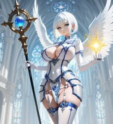 ai_generated angel angel_girl angel_wings armor armored_female armored_skirt bdsm_harness beautiful_girl blue_eyes bob_cut breast_curtains breast_cutout bridal_gauntlets cathedral choker dress elbow_gloves evening_gloves fantasy faulds garter_belt garter_straps gloves highres holding_staff holding_weapon huge_ass huge_breasts intricate_details kusazuri layered_clothing layered_skirt leather_straps magic magical_girl monster_girl narrow_shoulders narrow_waist necklace ornate_clothing pelvic_curtain revealing_clothes ring_harness robe short_sleeves skin_tight skindentation skirt sorceress thick_ass thick_thighs thigh_highs underbust vestments white_hair wide_hips wings