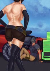 1boy 1girls 2026 animosity armwear artist_name ass back_view big_ass breasts brown_hair dark-skinned_male dark_skin female fingerless_gloves fortnite gloves helmet hourglass_figure light-skinned_female light_skin looking_at_another male on_floor outdoors partially_clothed presenting rust_(fortnite) short_hair shorts sideboob sitting sitting_on_floor standing the_machinist_(fortnite) thick_thighs thighhighs thighs video_games wide_hips