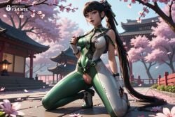 1girls ai_generated architecture black_hair bodysuit breasts brown_eyes cherry_blossoms crotch_cutout crotchless east_asian_architecture eve_(stellar_blade) female fingerless_gloves flower gloves green_bodysuit gumroad_username hi_res kneeling lips long_hair looking_at_viewer medium_breasts outdoors parted_lips petals playstation ponytail pussy r34arts solo sony sony_corporation sony_interactive_entertainment stellar_blade tree uncensored very_long_hair
