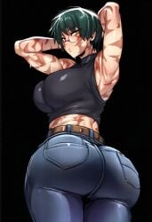 1girls 2d ai_generated armpits arms_behind_head arms_up ass belt big_ass big_breasts big_butt big_thighs black_background breasts bubble_butt burn_scar crop_top cyreneceo denim from_behind glasses green_hair huge_ass huge_breasts huge_butt jeans jujutsu_kaisen large_ass large_breasts large_butt large_thighs looking_at_viewer looking_back looking_back_at_viewer massive_ass massive_butt muscles muscular muscular_female pants scar scar_on_face short_hair simple_background sleeveless solo sweat thick_ass thick_butt thick_thighs thighs tight_clothes wide_hips yellow_eyes zenin_maki