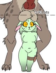 acquiiiescent anthro balls_on_head bellah_(acquiiiescent) bodily_fluids brown_body brown_fur duo female freckles fur goblin green_body green_fur hi_res hybrid hyena knot lagomorph leporid male male/female mammal nude pink_nose rabbit size_difference spots sweat sweatdrop yellow_eyes