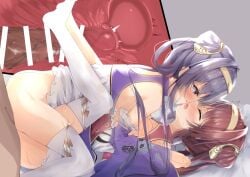 azur_lane blush chao_ho_(azur_lane) closed_eyes commander_(azur_lane) commentary_request cross_section detached_sleeves doggy_style group_sex holding_hands long_hair madotsukumo open_mouth purple_eyes purple_hair red_hair sex sex_from_behind siblings sisters thighhighs threesome vaginal_penetration white_thighhighs ying_swei_(azur_lane)