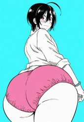1male a_terrified_teacher_at_ghoul_school! abe_haruaki ahoge ai_generated ass ass_focus big_ass big_butt brown_hair dat_ass fat_ass haruaki_abe huge_ass huge_butt male_focus male_only no_underwear panties pantsless white_shirt yōkai_gakkō_no_sensei_hajimemashita!