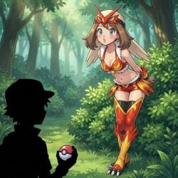 1girls 2d ai_generated blaziken blue_eyes brown_hair brunette_hair cosplay fake_art female female_focus forest_background kissing light_skin may_(pokemon) pokemon pokemon_costume pokemon_trainer seductive seductive_pose silhouette skimpy skimpy_clothes tight_clothing