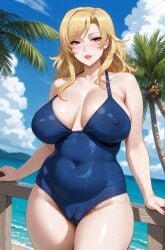 ai_generated armpit_crease bangs belly_button_visible_through_clothing belly_fat blonde_hair breasts_apart cameltoe chubby clouds earrings erect_nipples_under_clothes eyebrows_visible_through_hair female female_only hair_over_shoulder hands_on_fence medium_hair messy_hair milf monokini nipple_bulge nipples_visible_through_clothing ocean_background palm_tree pubic_hair pubic_hair_peek rgomez007 sagging_breasts seductive_look sideboob sky solo_female stable_diffusion swimsuit thick_thighs