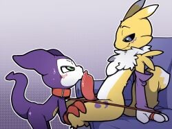 ambiguous_anthro ambiguous_gender angry animal_genitalia animal_penis anthro anthro_on_anthro armwear bandai_namco black_nose black_sclera blue_eyes blue_sofa blush blush_lines bodily_fluids canid canine canine_genitalia canine_penis clothing collar digimon digimon_(species) dipstick_ears dipstick_tail dominant dominant_male duo ear_markings erection fangs female_(lore) fingers fur furniture genitals gloves green_eyes hand_on_knee hand_on_leg handwear hi_res holding_leash holding_object impmon interspecies itsunknownanon kissing leaning leaning_backward leaning_forward leash leashed_collar looking_down looking_up_at_partner male male/ambiguous male_anthro mammal markings mostly_nude mostly_nude_ambiguous mostly_nude_anthro mostly_nude_male multicolored_body multicolored_ears multicolored_fur outline penis penis_kissing pupils purple_armwear purple_body purple_clothing purple_tail red_clothing red_gloves red_handwear red_leash red_penis renamon ruff saliva saliva_on_penis side_view sitting smile smirk sofa standing submissive submissive_ambiguous sweat sweaty_face tail tail_markings teeth two_tone_body two_tone_ears two_tone_fur two_tone_tail white_body white_ear_tips white_ears white_fur white_outline white_tail white_tail_tip yellow_body yellow_ears yellow_fur yellow_tail