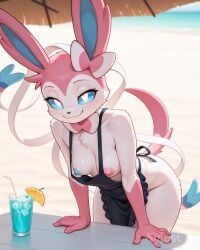 ai_generated anthro beach breasts eyes forward fur futanari generated leaning pink pokemon ribbons smile sylestia sylveon white