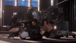 2b_(nier:automata) 3_toes android biomechanical black_body blade_wolf canid canine canis clawed_feet cybernetics doggy_style facemask gariyuu_(artist) glistening glistening_body hand_on_head knife konami long_tail male/female metal_gear metal_gear_rising metal_gear_rising:_revengeance metal_gear_solid nier:_automata partially_clothed pinned pinned_down pinning_down platinum_games quadruped robot sharp_claws sharp_teeth tail teeth vaginal_penetration vaginal_sex weapon weapons wolf