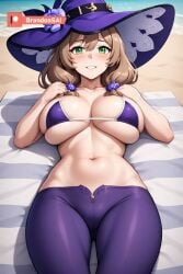 ai_generated beach_background beach_towel big_ass big_breasts big_butt bikini blush brandonsai female female_only full_body fully_clothed genshin_impact hoyoverse huge_breasts lisa_(genshin_impact) mihoyo patreon patreon_logo patreon_username pov