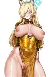 ai_assisted big_breasts blonde_hair blue_archive chinese_clothes disgusted dress fox fox_ears kanna_(blue_archive) naked plushyplant pussy white_background