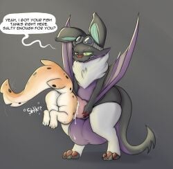 ambiguous_gender anthro azserfy bodily_fluids cock_vore cum duo fish generation_6_pokemon genital_fluids genitals hi_res male male/ambiguous marine nintendo noivern penile penis pokemon pokemon_(species) shark vore