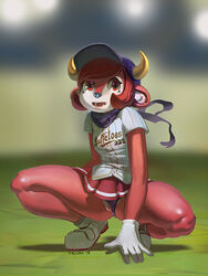 animal_ears baseball_cap baseball_jersey buffalo_bell clothes_writing cow_ears cute_fang female gloves hat horns mascot nippon_professional_baseball orix_buffaloes panties panties_aside parted_lips pink_hair pink_skin pleated_skirt purple_panties pussy red_eyes shoes short_hair skirt small_breasts sneakers solo squatting triuni uncensored underwear upskirt white_gloves