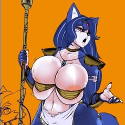 anthro areolae blue_fur blue_hair blush fakeryway fox_ears fox_girl fox_tail furry green_eyes huge_breasts krystal loincloth milf nintendo pleasure_castle star_fox star_fox_adventures tight_top voluptuous white_fur