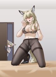 2girls absurdres alter_kamerade animal_ear_fluff animal_ears arknights bare_arms bare_shoulders black_bra black_pantyhose black_shoes blonde_hair blue_hairband blush bra breasts chinese_commentary cleavage commentary_request constricted_pupils door drooling embarrassed facial_scar fellatio_gesture full_body green_eyes hair_between_eyes hair_intakes hairband hand_up high_heels highres indoors infection_monitor_(arknights) kneeling lace lace_bra large_breasts long_hair looking_at_another looking_at_viewer mother_and_daughter multicolored_hair multiple_girls nipples open_mouth pantyhose partial_commentary saliva scar scar_on_cheek scar_on_face shoes streaked_hair suzuran_(arknights) tail tongue tongue_out underwear variant_set vulpisfoglia_(arknights) white_hair yellow_eyes yellow_tail