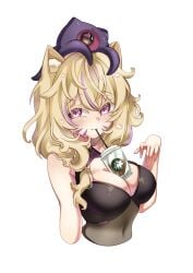 animal_ears animal_on_head bangs blonde_hair breasts bubble_tea bubble_tea_challenge cleavage cup disposable_cup drinking_straw eyebrows_visible_through_hair female hair_between_eyes large_breasts long_hair looking_at_viewer multicolored_hair nail_polish on_head purple_eyes sleeveless smile solo squchan_(vtuber) striped upper_body vertical_stripes vyugen