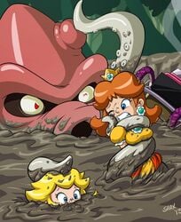 2girls blonde_hair blue_eyes brown_hair cephalopod crown earrings female mario_(series) mario_kart mud muddy nintendo octopus princess_daisy princess_peach quicksand shaxbert squid tentacle vehicle