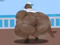 2025 anal_hair anthro anus artist_name ass axoarts balls bedroom_eyes bent_over big_butt black_clothing black_eyes black_footwear black_nose black_shoes blue_clothing blue_hat blue_headwear blue_topwear bodily_fluids body_hair brown_body brown_fur brown_nipples brown_tail butt_hair clothing digital_media_(artwork) footwear fur genitals half-closed_eyes hand_on_butt hand_on_own_butt hat headgear headwear hi_res huge_butt liam_(pastelitikiwi) looking_at_viewer looking_back male mammal marine moobs multicolored_clothing multicolored_topwear musk narrowed_eyes nipples obese obese_anthro obese_male outside overweight overweight_anthro overweight_male pinniped presenting presenting_anus presenting_hindquarters sailor sailor_cap sailor_uniform seal seductive shoes small_balls smile solo spread_butt spreading sweat tail text thick_thighs topwear two_tone_clothing two_tone_hat two_tone_topwear water white_clothing white_hat white_headwear white_topwear