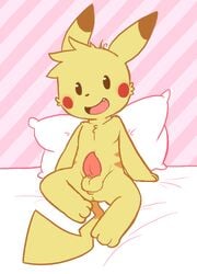 1boy 2015 3_toes anthro anthrofied anus balls bed erection fur furry furry_only looking_at_viewer male male_only mammal mouse nintendo nude oob open_mouth penis pikachu pillow pokemon rodent sitting smile solo toes tongue video_games