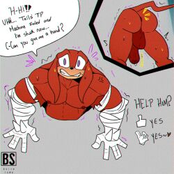 5_fingers anthro arm_wraps armpit_hair bacon_sama balls big_balls big_muscles big_pecs big_penis blush bodily_fluids body_hair chin_tuft cross-popping_vein echidna facial_tuft fingers genitals hi_res knuckles_the_echidna male mammal monotreme muscular muscular_male pecs penis sega solo sonic_the_hedgehog_(series) speech_bubble stuck sweat sweatdrop talking_to_viewer through_wall tuft worried wraps