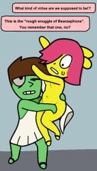 1boy 1girls 2x anthology_of_the_killer bb_(of_the_killer) breasts convenient_censoring female green_skin holding lifting male nude ray_(of_the_killer) sweat tagme text toga yellow_skin