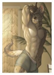 2025 5_fingers absurd_res anthro athletic athletic_anthro athletic_male balls_outline bangs barely_visible_genitalia barely_visible_penis bedroom_eyes biped black_nose blue_eyes border boxer_briefs boxer_briefs_only brown_body brown_fur brown_hair bulge claws closed_smile clothed clothed_anthro clothed_male clothing countershade_fur countershade_neck countershade_torso countershading dated depth_of_field detailed_bulge digital_media_(artwork) doorway ear_piercing ear_ring eyebrows fangs featureless_chest film_grain finger_claws fingers front_view fur genital_outline genitals grin grinning_at_viewer hair hand_behind_head hand_in_underwear hi_res humanoid_hands hyena inner_ear_fluff inside looking_at_viewer male male_anthro mammal markings mouth_closed multicolored_body multicolored_fur narrowed_eyes navel penis penis_base penis_outline piercing plant plant_pot portrait potted_plant pubes raised_arm ring_piercing seductive shaded signature smile smiling_at_viewer solo spots spotted_body spotted_fur spotted_hyena spotted_markings spotted_tail standing tail tail_markings teeth three-quarter_portrait three-quarter_view topless topless_anthro topless_male tuft underwear underwear_only vulprofox whiskers white_border