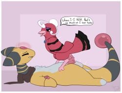 ampharos animal_genitalia animal_penis avian balls beak bodily_fluids bracelet cherry_(flowerbud) closed_eyes cowgirl_position dialogue duo equine_genitalia equine_penis female feral flowerbud from_front_position generation_2_pokemon generation_7_pokemon genital_fluids genitals glowing jewelry lying male male/female medial_ring nintendo on_back on_bottom on_top oricorio penetration penis perching pokemon pokemon_(species) scarf sex shallow_penetration size_difference smaller_female sobel_(xurora) spread_legs spreading vaginal_fluids