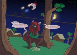 animal_humanoid artist_name ass barefoot big_breasts bodily_fluids bottomless bottomless_female bottomless_humanoid breasts brown_body brown_eyes brown_skin building canid canid_humanoid canine canine_humanoid clothed clothing crop_top crouching dipstick_ears dipstick_tail ear_markings english_text eye_of_cthulhu_(terraria) feet female female_peeing fingernails fire floating fox_humanoid fur genital_fluids genitals grass green_clothing green_crop_top green_shirt green_topwear hair hand_on_tree house humanoid long_hair looking_back mammal mammal_humanoid markings multicolored_ears nails narrowed_eyes navel night orange_body orange_fur outside peeing peeing_on_ground plant pubes red_body red_fur red_hair red_pubes ritzcat shadow shirt sky snaggle_tooth solo speech_bubble star starry_sky tail tail_markings talking_to_self teeth terraria text toenails toes topwear torch tree urine urine_on_ground urine_pool urine_stream vulva watersports werecanid werecanine werecreature werefox white_body white_fur zoologist_(terraria)