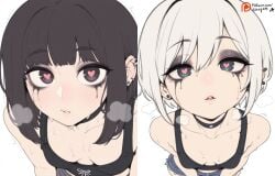 ai_generated black_hair collar dizzyarts female female_focus female_only femboy femboy_focus goth goth_girl heart-shaped_pupils hot motion_lines necklace piercing pov_eye_contact short_hair shorts small_breasts small_waist staring_into_eyes sweat sweatdrop tank_top white_hair