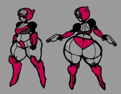 2025 absurd_res armor ass big_butt chompsky clothing crop_top digital_media_(artwork) female flat_colors grey_background grey_body gun handgun headgear hi_res huge_butt humanoid hyper hyper_butt machine multiple_angles panties pistol pseudo_clothing ranged_weapon rear_view robot robot_girl robot_humanoid shirt simple_background solo topwear unconvincing_armor underwear weapon wide_hips