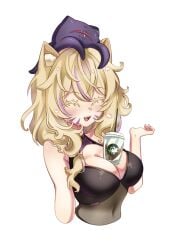 animal_ears bangs blonde_hair breasts bubble_tea cleavage closed_eyes drooling eyebrows_visible_through_hair female gradient_hair large_breasts long_hair multicolored_hair on_head open_mouth sleeveless solo squchan_(vtuber) striped upper_body vyugen white_background