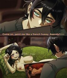 1boy 1girls 2d andrew_graves ashley_graves big_breasts black_hair breasts brother_and_sister choker clothed couch dialogue draw_me_like_one_of_your_french_girls english_text female green_eyes incest lying lying_on_side male nude painting pink_eyes ponytail pose posing sea-lean sel_(artist) siblings the_coffin_of_andy_and_leyley titanic_(1997_film)