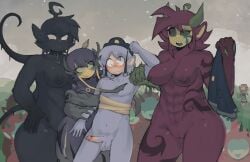 1male 3females balls bandages big_breasts big_female black_hair blue_hair blush breasts cock fangs female gangbang male muscular penis pierced_nipples pussy red_hair slendytubbies slendytubbies_oc smaller_male smug spikes surrounded tentacles