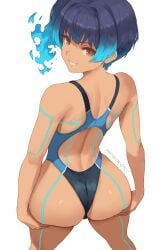 1girls ass ass_focus ass_support back back_view big_ass black_hair blue_highlights blue_swimsuit brown_eyes dat_ass female female_only hands_on_ass huge_ass looking_back nintendo one-piece_swimsuit sena_(xenoblade) smile solo solo_female swimsuit swimwear thighs xenoblade_(series) xenoblade_chronicles_3 zelc-face