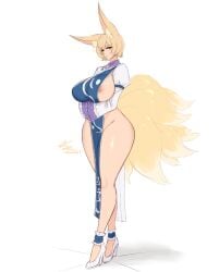 animal_ears areola_slip arms_under_breasts blonde_hair blue_dress breasts brown_eyes china_dress chinese_clothes dress female fox_ears fox_tail frilled_anklet from_side full_body groin hair_between_eyes high_heels highres huge_breasts kitsune krass_(artist) kyuubi looking_at_viewer multiple_tails nipple_slip nipples open_mouth shoes short_hair signature simple_background solo stiletto_heels tail touhou white_background white_shoes yakumo_ran