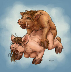 boar bones_(artist) breasts brown_hair female hair human male mammal nipples penis pig porcine sex transformation