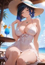 2025 ai_generated alternate_costume anime bangs bare_shoulders beach black_hair blue_hair blue_sky blunt_bangs blush bob_cut breasts cleavage closed_mouth cloud collarbone covered_navel crossover cup day diagonal_bangs dress drinking_straw earrings eye_contact female female_focus flushed genshin_impact green_eyes hand_up hat highres hoyoverse huge_breasts jewelry large_breasts looking_at_viewer mihoyo multicolored_hair necklace neutral_expression nsfw outdoors palm_tree patreon patreon_username rognezart short_hair sitting sky smile smiling solo sun_hat swimsuit table thick_thighs thighs tropical_drink two-tone_hair white_dress yelan_(genshin_impact)