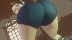 3d animal_ears animated ass ass_focus ass_shake blonde_hair cat_ears cat_tail female from_behind from_below genshin_impact green_eyes huge_ass jiggle kirara_(genshin_impact) kishi leaning leaning_forward long_hair looking_at_viewer multiple_tails nekomata short_shorts shorts smile solo tagme tail thick_thighs thighhighs twerking video