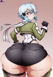ai_generated aqua_eyes aqua_hair asada_shino ass ass_focus bike_shorts blue_eyes bubble_butt female gilndo8 gun_gale_online hair_ornament huge_ass hyper_ass hyper_thighs large_ass sinon sword_art_online thick_thighs