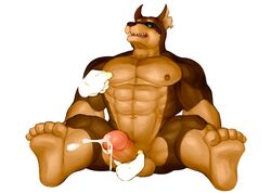 1boy abs anthro balls blush canid canine canis cum disembodied_hand doberman domestic_dog erection eyewear furry handjob humanoid_penis male male_only mammal muscular muscular_male nipple_play nipples nude pecs penis sex seyrmo solo solo_focus spread_legs spreading sunglasses tokyo_afterschool_summoners video_games xolotl