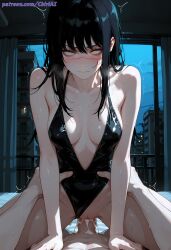 1boy 1girls ai ai_generated anime anime_style black_hair black_leotard blush blushing_at_viewer breasts chainsaw_man chiriai clothed_female_nude_male cowgirl_position cum_in_pussy cum_on_penis cum_overflow eyes_rolling_back high_resolution highleg highleg_leotard highres in_heat large_penis leotard leotard_aside nude_male on_bed orange_eyes patreon patreon_username plunging_neckline pov red_eyes revealing_clothes rolling_eyes scar scar_on_face straddling sweat sweating torso_grab trembling trembling_for_pleasure vaginal_penetration vaginal_sex waist_grab wide_hips yoru_(chainsaw_man)