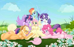 2013 6girls alicorn anthro anthrofied anus applejack_(mlp) ass biting_lip blonde_hair blue_eyes blue_fur blush breasts cloud cowboy_hat cutie_mark equine female flower fluttershy_(mlp) friendship_is_magic fur furry green_eyes grin group hair hat horn horse leg_grab long_hair lying mammal mane_six_(mlp) multicolored_hair my_little_pony nature on_side orange_fur outside pegasus pink_fur pink_hair pinkie_pie_(mlp) plant pony princess_twilight_sparkle_(mlp) purple_eyes purple_fur purple_hair pussy rainbow_dash_(mlp) rainbow_hair rarity_(mlp) smile smirk smooth_skin swissleos twilight_sparkle_(mlp) unicorn white_fur wings yellow_fur yuri