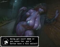 anthro big_breasts bikini blue_bikini blue_clothing blue_swimwear breasts cleavage clothed clothing coat deltarune dialogue_box english_text female flashing glistening glistening_breasts grin hair hair_over_eye hi_res huge_breasts looking_at_viewer nx147 outside purple_body reptile scalie smile solo susie_(deltarune) swimwear teeth text topwear two-piece_swimsuit undertale_(series) yellow_sclera yellow_teeth