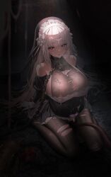 absurdres bare_shoulders black_bodystocking black_dress black_shoes bodystocking breasts chain_leash chained chains chinese_commentary commentary_request covered_nipples cross cross_necklace cum cum_on_body cum_on_breasts cum_on_hair detached_sleeves dress earrings facial female full_body glowing glowing_tattoo heart heart-shaped_pupils heart_tattoo highres huang_(pixiv3580877) jewelry large_breasts leash lelia_(sinisistar) long_hair looking_at_viewer mole mole_on_breast necklace nun pregnant pubic_tattoo pubic_tattoo_through_clothing purple_eyes shoes sideboob sinisistar_2 solo symbol-shaped_pupils tattoo tentacle torn_bodystocking torn_clothes variant_set very_long_hair white_hair